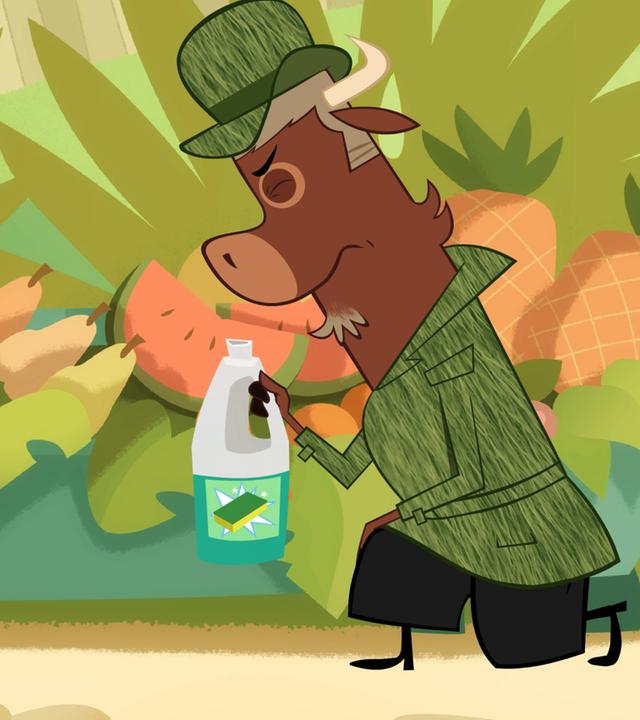 Sherlock Yack kniet auf dem Boden und hält eine Flasche Putzmittel in der Hand. Mit geschlossenen Augen riecht er daran. Das muss ein Beweisstück sein!