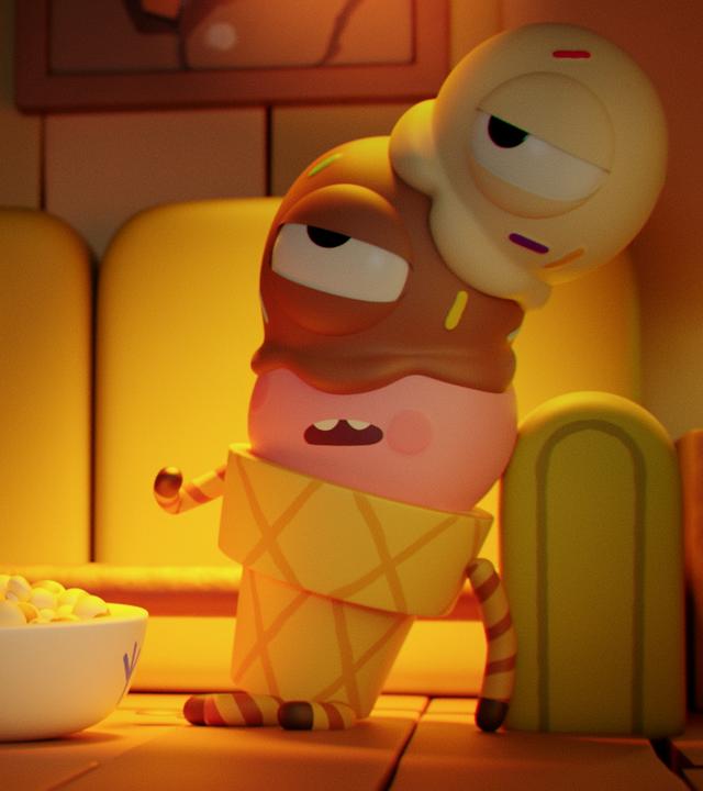 Das Küken Karla und Waffel, die Eiswaffel, sitzen nebeneinander auf Karlas gelber Couch. Vor ihnen steht in der Mitte eine Schale mit Popcorn. Karla blickt konzentriert nach vorn, um Fernsehen zu schauen. Waffel wirkt erschöpft, die Augen sind leicht geschlossen. Die Eiskugeln, die seinen Kopf darstellen, beginnen zu schmelzen.