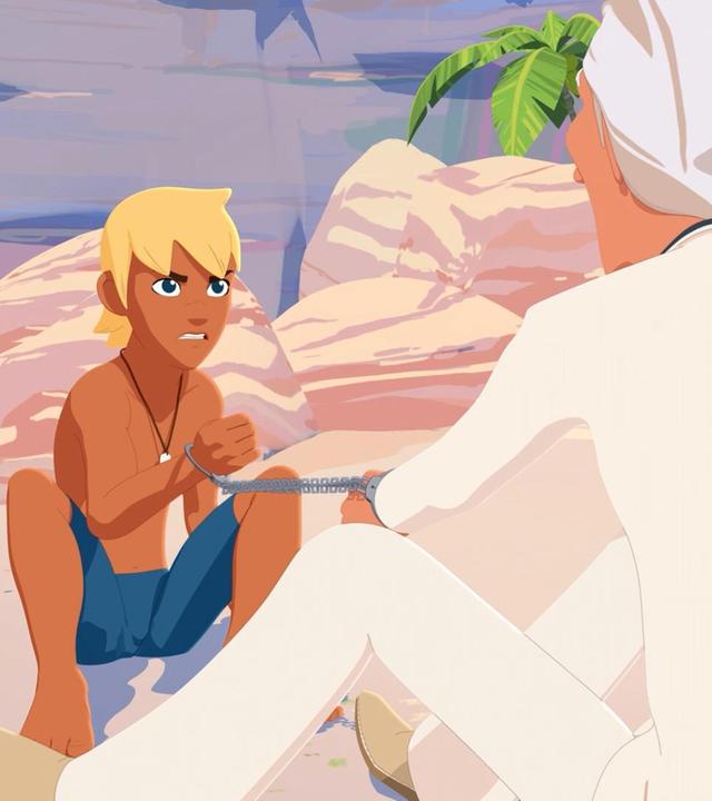 Yann und Van Krook sitzen am Strand einander gegenüber. Sie sind durch Handschellen aneinander festgebunden. Yann schaut Van Krook erbost an. Im Hintergrund sind einige Felsen zu sehen.