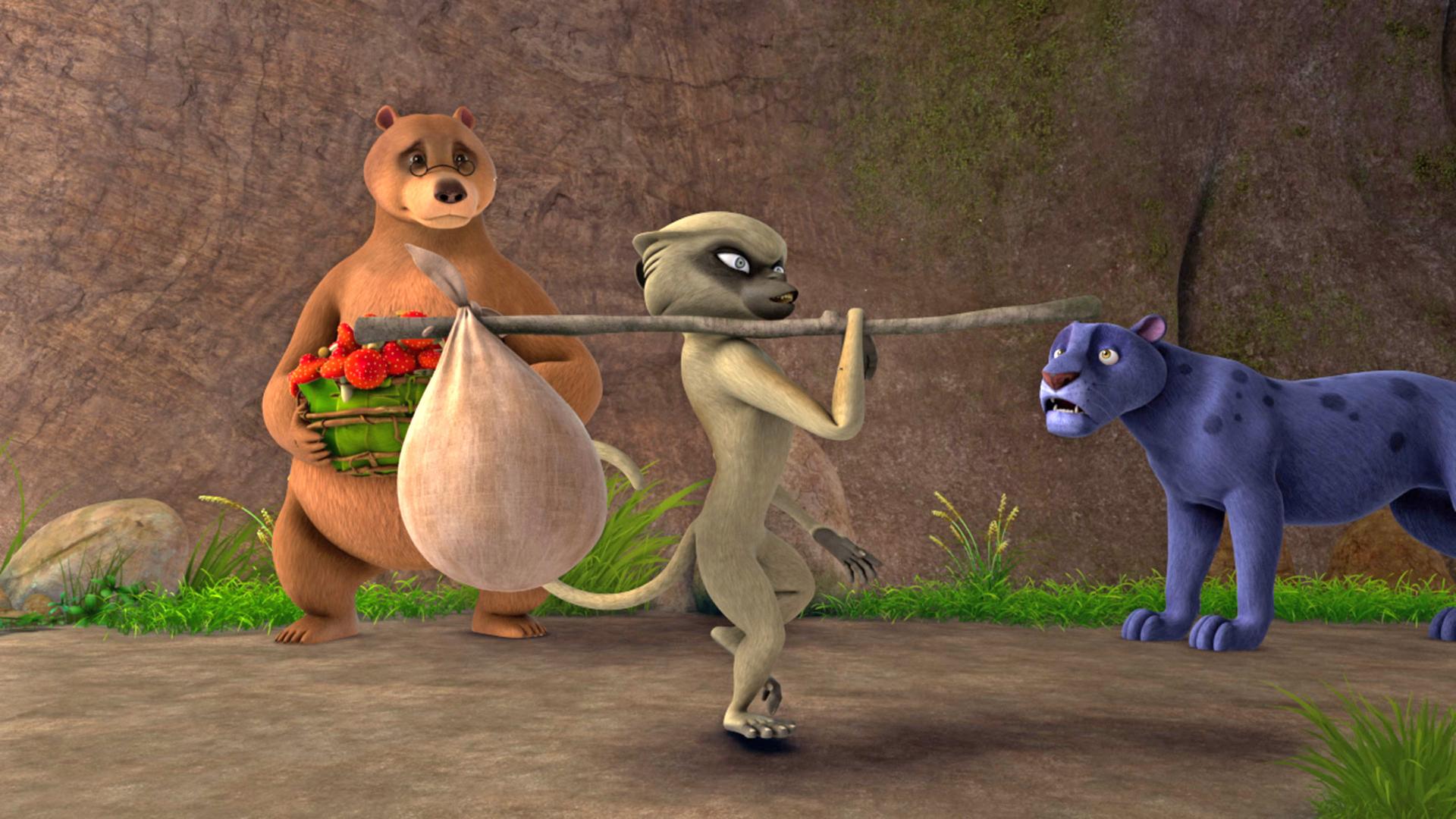 Kaphal trägt einen Stock mit Päckchen über der rechten Schulter. Links hinter ihm steht Balu, rechts Baghira.