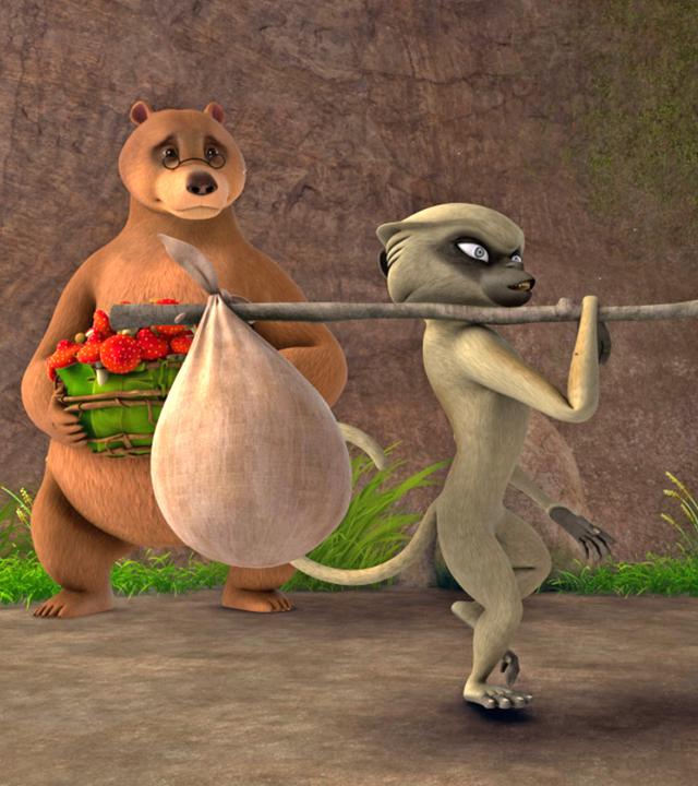 Kaphal trägt einen Stock mit Päckchen über der rechten Schulter. Links hinter ihm steht Balu, rechts Baghira.