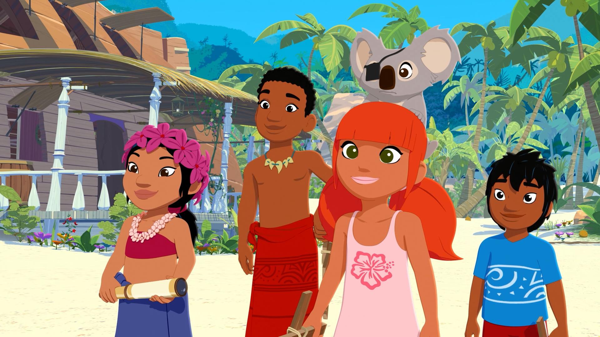 Tevaiti, Onaku, Marina und Kai stehen am Strand nebeneinander und schauen aufmerksam nach vorne. Hinten links ist ein Holzhaus mit einer Veranda zu sehen, weiter im Hintergrund säumen Palmen den Strand.