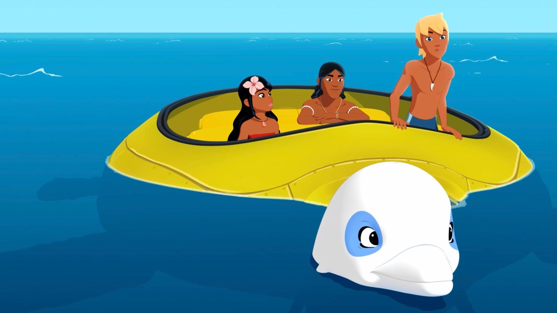 Timeti, Auru und Yann sitzen in einem gelben U-Boot, das geöffnet an der Meeresoberfläche schwimmt. Vor ihnen schwimmt Zoom durchs Wasser. Alle schauen gespannt nach vorne.