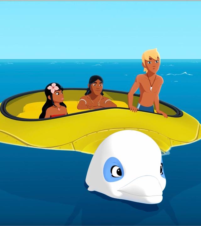 Timeti, Auru und Yann sitzen in einem gelben U-Boot, das geöffnet an der Meeresoberfläche schwimmt. Vor ihnen schwimmt Zoom durchs Wasser. Alle schauen gespannt nach vorne.