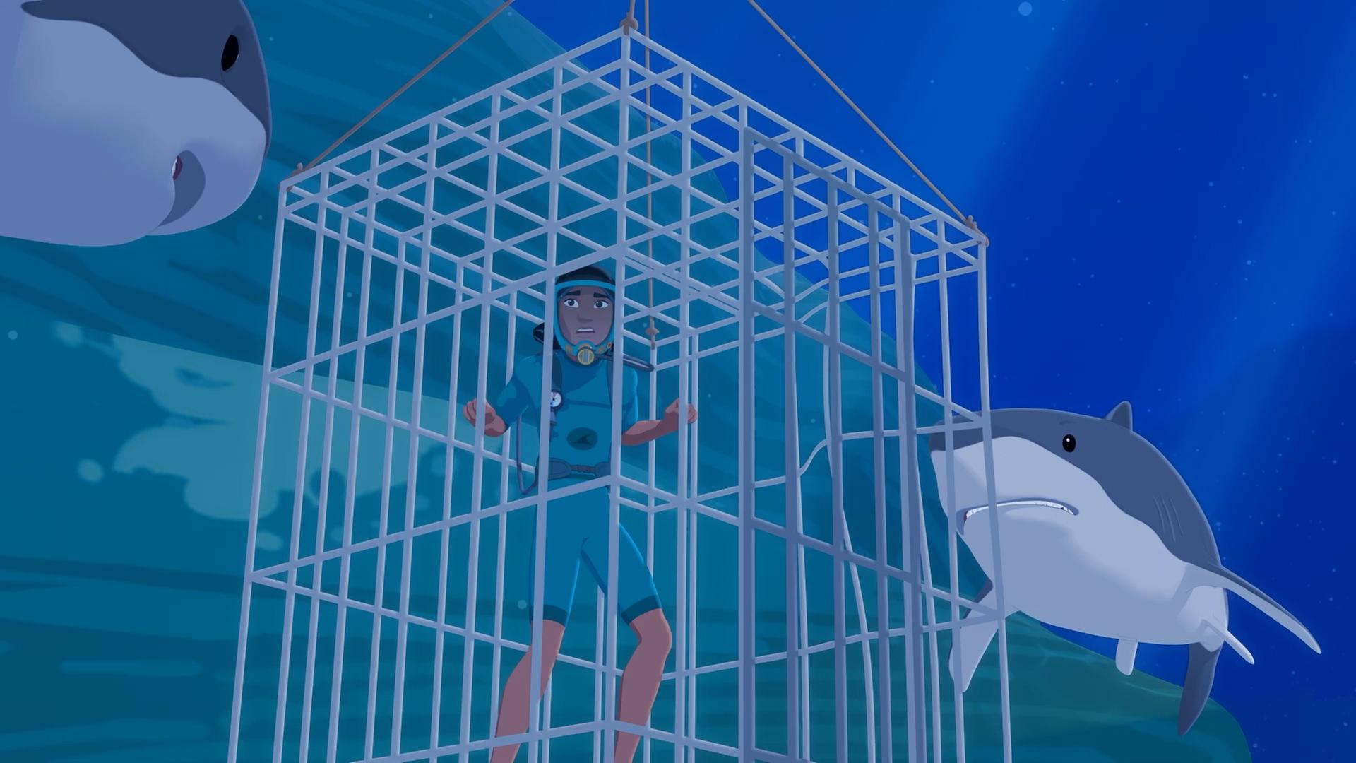 Auru befindet sich in einem großen Käfig am Meeresboden und hält sich an den Gitterstäben fest. Der Käfig wird von zwei Haien angegriffen.