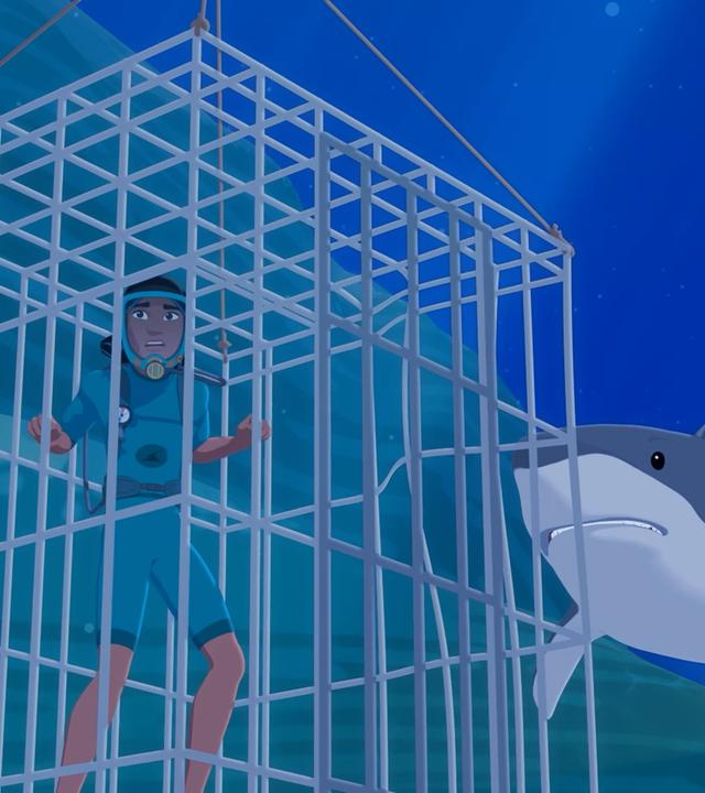 Auru befindet sich in einem großen Käfig am Meeresboden und hält sich an den Gitterstäben fest. Der Käfig wird von zwei Haien angegriffen.