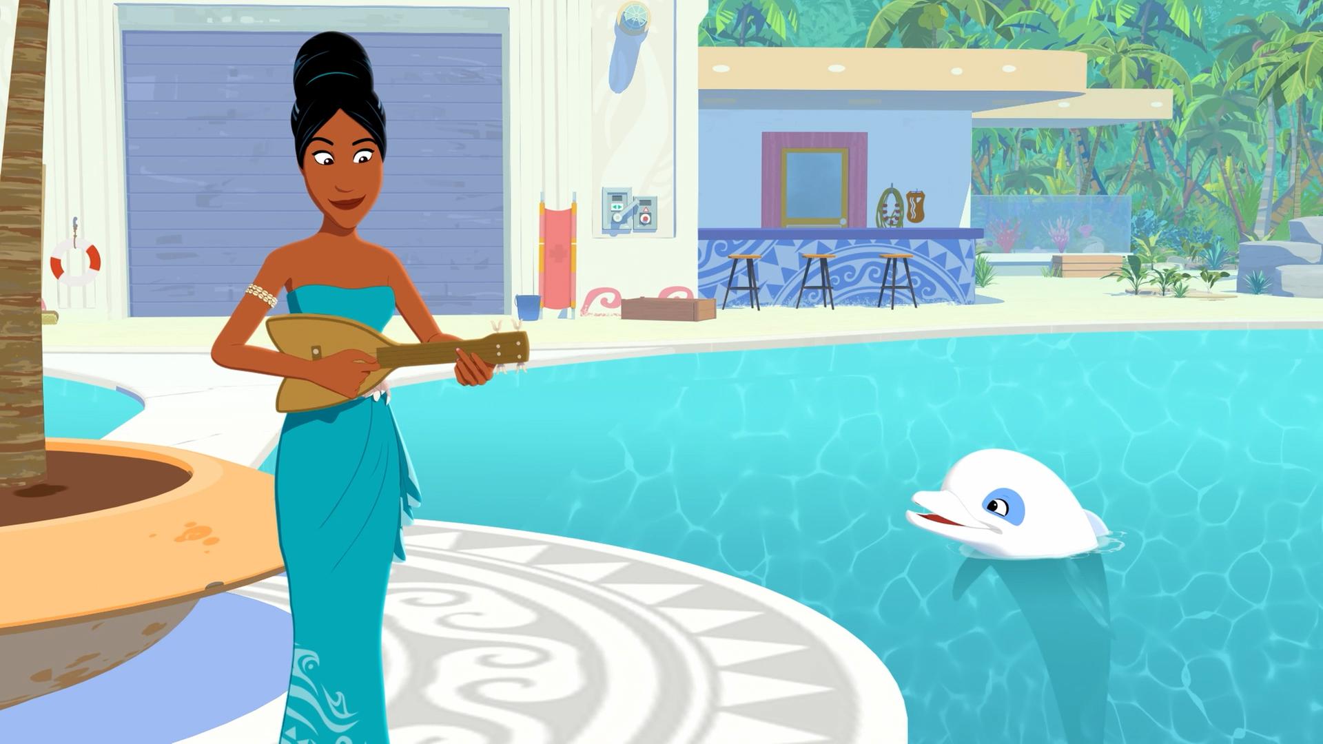 Tapuna steht mit einer Ukulele in den Händen neben einem Pool, in dem Zoom schwimmt. Zoom lauscht Tapunas Spiel.