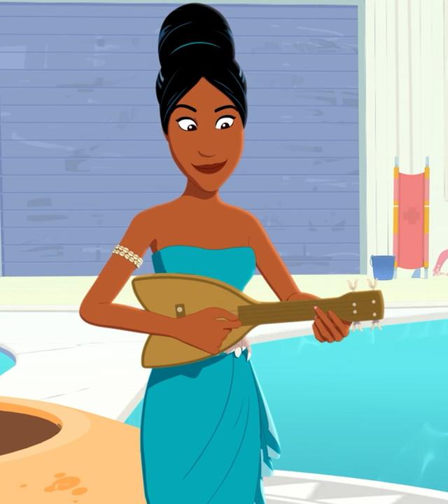 Tapuna steht mit einer Ukulele in den Händen neben einem Pool, in dem Zoom schwimmt. Zoom lauscht Tapunas Spiel.