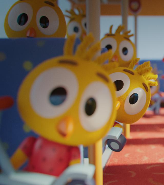 Ein vollbesetzter Bus: Auf jedem Sitzplatz sitzt eine Doppelgängerin die aussieht wie Karla, das Küken. Alle Karlas blicken gebannt nach vorn.