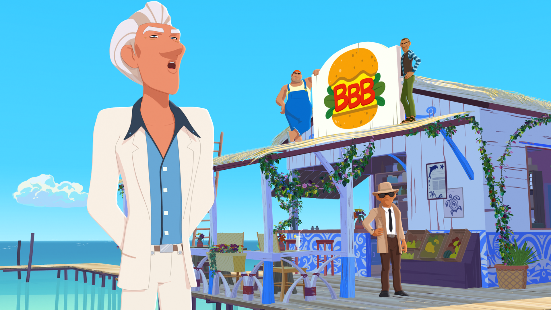 Van Krook steht vor seinem Big Baluha Burger Schild. Seine Komplizen leisten ihm Gesellschaft.