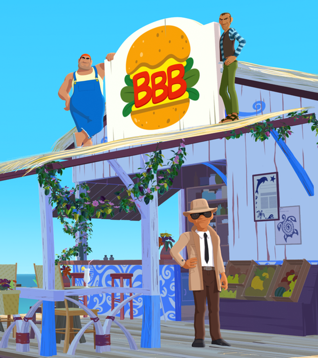 Van Krook steht vor seinem Big Baluha Burger Schild. Seine Komplizen leisten ihm Gesellschaft.