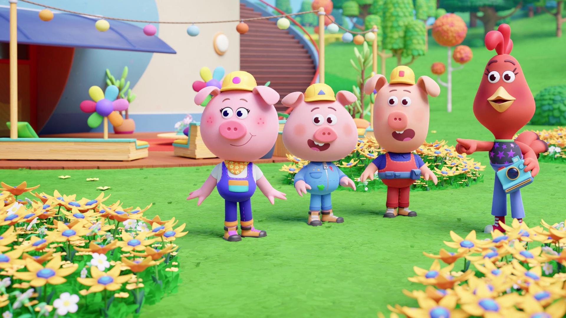 Wir sehen die Werkel-Ferkel mit ihren Bauarbeiterhelmen im Bild vor Cherry's Haus stehen. Cherry steht auch dabei, sie hält einen Foto-Apparat in der Hand und zeigt mit dem Finger in eine Richtung. Alle schauen genau in diese Richtung. Um sie herum sind Blumenfelder zu sehen - der Schmetterling, den Cherry fotografieren will, scheint gerade weggeflogen zu sein.