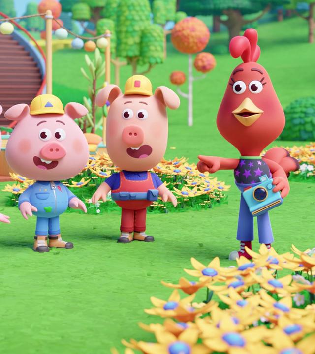 Wir sehen die Werkel-Ferkel mit ihren Bauarbeiterhelmen im Bild vor Cherry's Haus stehen. Cherry steht auch dabei, sie hält einen Foto-Apparat in der Hand und zeigt mit dem Finger in eine Richtung. Alle schauen genau in diese Richtung. Um sie herum sind Blumenfelder zu sehen - der Schmetterling, den Cherry fotografieren will, scheint gerade weggeflogen zu sein.