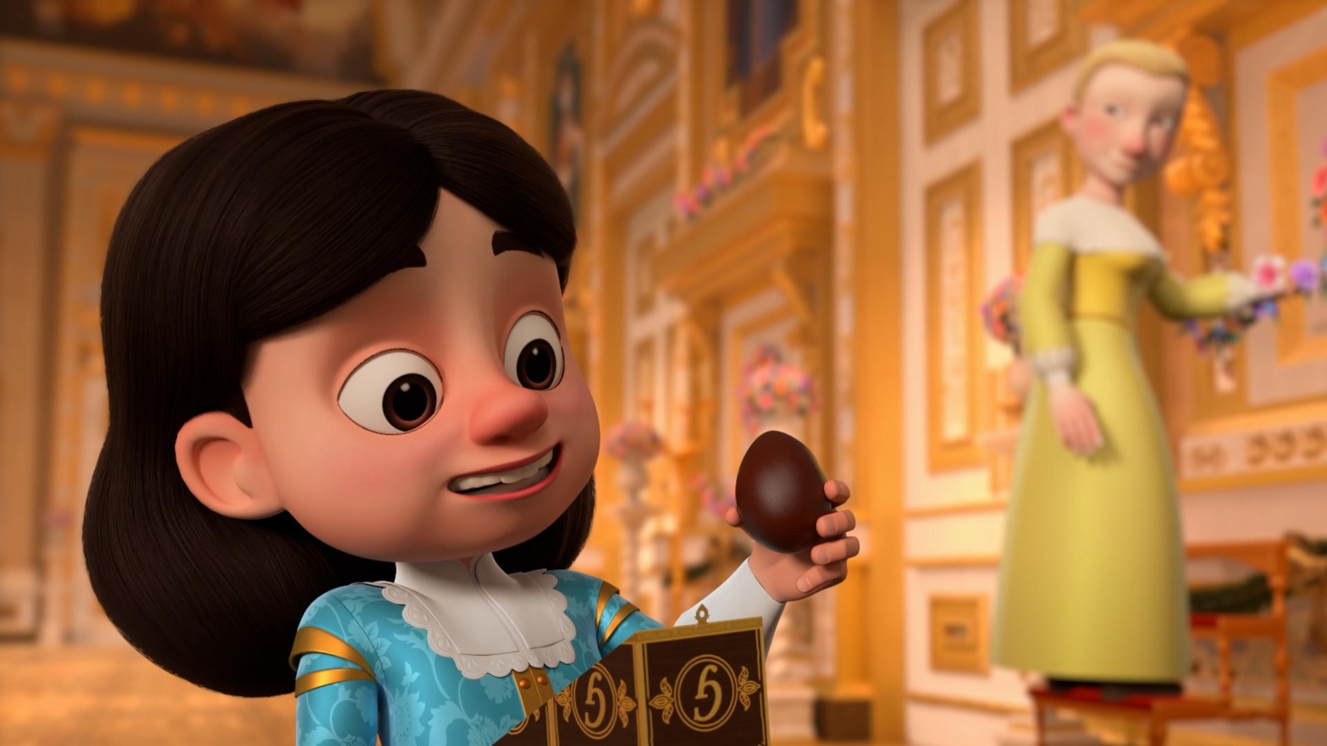 König Louis XIII. steht im königlichen Palast und hält eine kleine Schachtel in seiner rechten Hand. In seiner linken Hand hält er ein Schokoladenei, das er mit großen Augen und leicht lächelnd anschaut. Im Hintergrund ist seine Gouvernante zu sehen, die auf einer kleinen Leiter steht und Blumenschmuck in der Hand hält. Sie blickt zu dem jungen König.