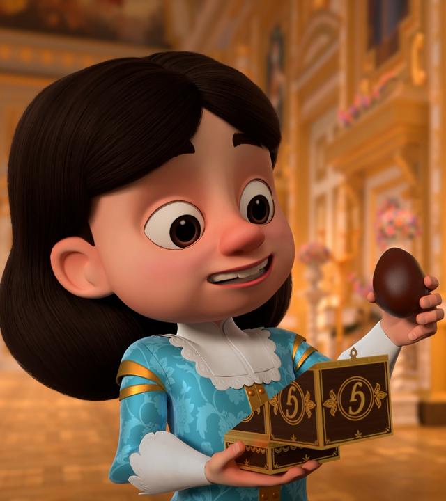 König Louis XIII. steht im königlichen Palast und hält eine kleine Schachtel in seiner rechten Hand. In seiner linken Hand hält er ein Schokoladenei, das er mit großen Augen und leicht lächelnd anschaut. Im Hintergrund ist seine Gouvernante zu sehen, die auf einer kleinen Leiter steht und Blumenschmuck in der Hand hält. Sie blickt zu dem jungen König.