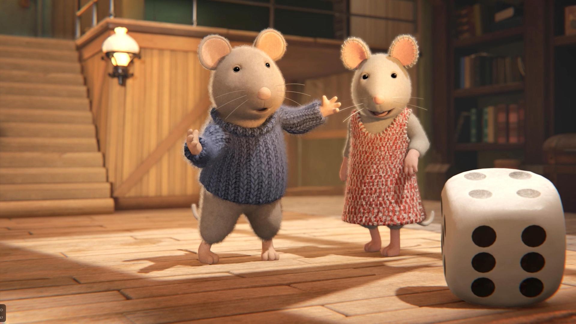 Sam und Julia stehen im Treppenhaus des Mäusehauses und lassen dort voller Spannung einen großen Würfel rollen. Wir sehen die Seiten mit sechs und vier Punkten.