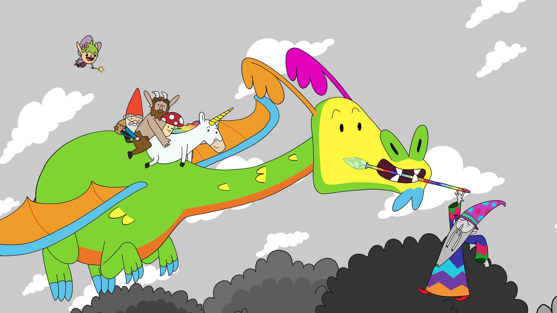 Auf einem bunten Drachen, der mit einem Zauberstab im Maul fliegt, sitzen Blümchen, Tupfen, Hufius und Herbert. Twinkle, die Fee, fliegt über ihnen. An einem Ende des Zauberstabs hängt der Zauberer Balthasar mit einer Hand. Der Hintergrund - Himmel, Wolken und Bäume - ist im Gegensatz zu allem anderen farblos und nur in Grautönen gehalten.