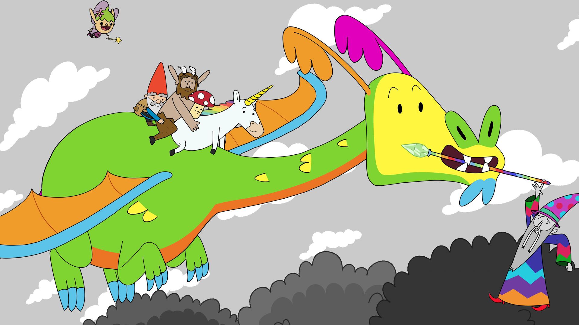 Auf einem bunten Drachen, der mit einem Zauberstab im Maul fliegt, sitzen Blümchen, Tupfen, Hufius und Herbert. Twinkle, die Fee, fliegt über ihnen. An einem Ende des Zauberstabs hängt der Zauberer Balthasar mit einer Hand. Der Hintergrund - Himmel, Wolken und Bäume - ist im Gegensatz zu allem anderen farblos und nur in Grautönen gehalten.