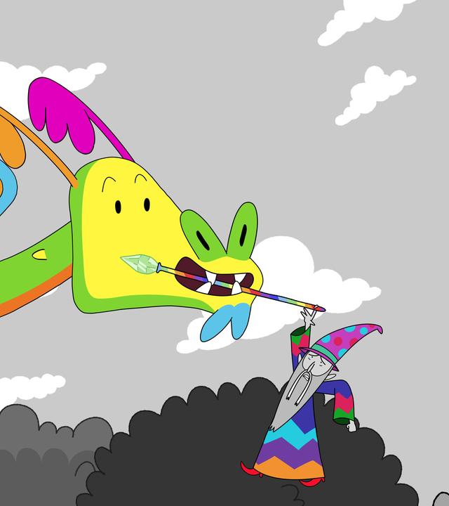 Auf einem bunten Drachen, der mit einem Zauberstab im Maul fliegt, sitzen Blümchen, Tupfen, Hufius und Herbert. Twinkle, die Fee, fliegt über ihnen. An einem Ende des Zauberstabs hängt der Zauberer Balthasar mit einer Hand. Der Hintergrund - Himmel, Wolken und Bäume - ist im Gegensatz zu allem anderen farblos und nur in Grautönen gehalten.