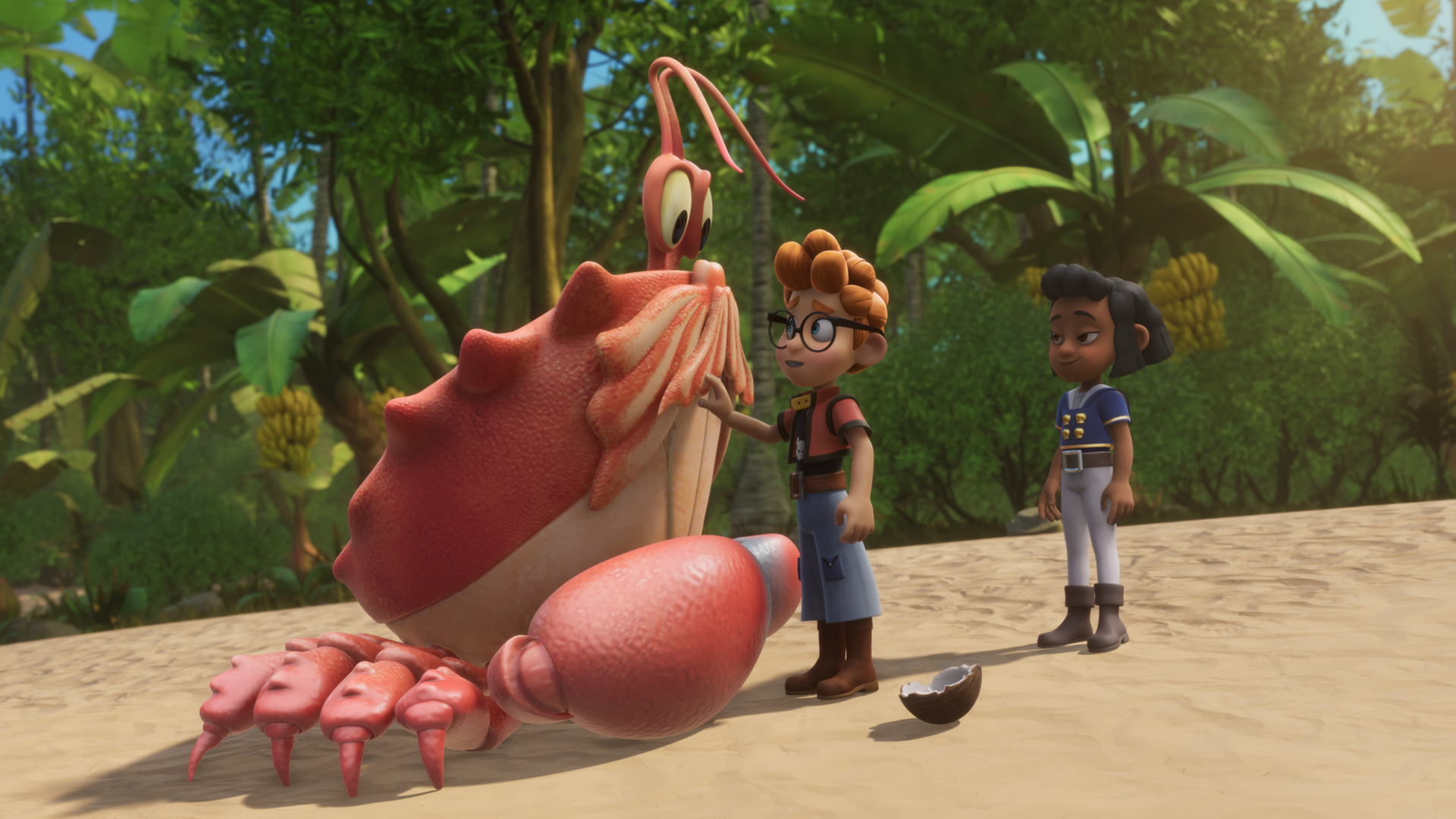 Am Strand und vor vielen Palmen, steht Alexander vor einer Riesenkrabbe und fasst sie mit seiner rechten Hand an. Neben Alexander liegt im Sand eine Kokosnussschale. Dolores steht hinter Alexander.