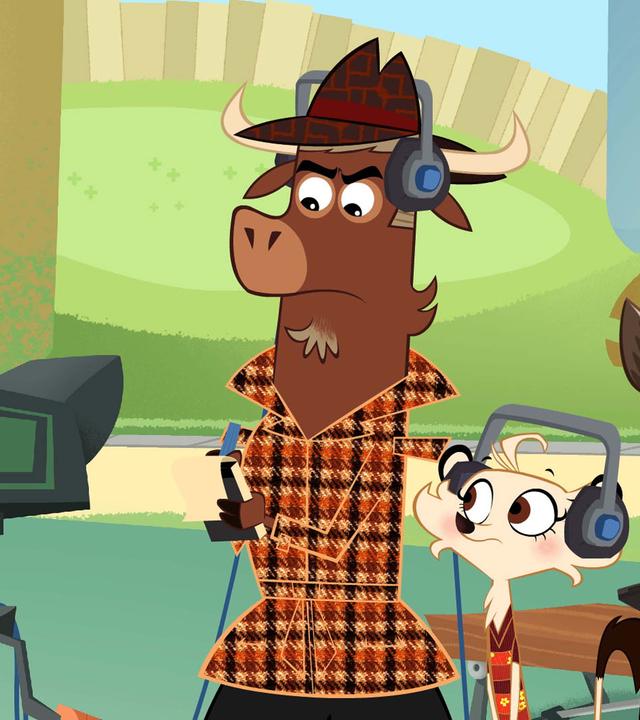 Sherlock Yack und Hermione tragen Kopfhörer und stehen vor einer Kamera. Gemeinsam mit dem Maki betrachten die Aufzeichnungen. Währenddessen macht sich Sherlock Yack mit kritischem Blick Notizen.