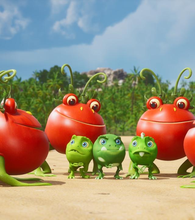 In der Bildmitte stehen an einem hellbraunen Strand drei Erbs-Rexe und um sie herum vier etwas größere sogenannte Tomatodons. (Tomatodons sind kleine rote Wesen, die aussehen wie eine Mischung aus Tomaten und Fröschen.) Die drei Erbsen mit Gesichtern schauen drein, als hätten sie ein bisschen Angst vor den Tomatodons, obwohl diese eine sehr freundlichen Gesichtsausdruck haben.