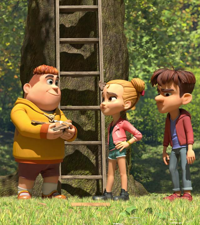 Der tierliebe Samson steht mitten zwischen den beiden Banden. Er hat ein verletztes Rebhuhn in seinen Armen. Er blickt zu seinen Freunden Marie und Hase. Lina, Bohnenstange und Raphael stehen auf der anderen Seite und blicken zufrieden zu Samson. Die beiden Banden vertragen sich kurzerhand zum Wohle des verletzen Tieres.