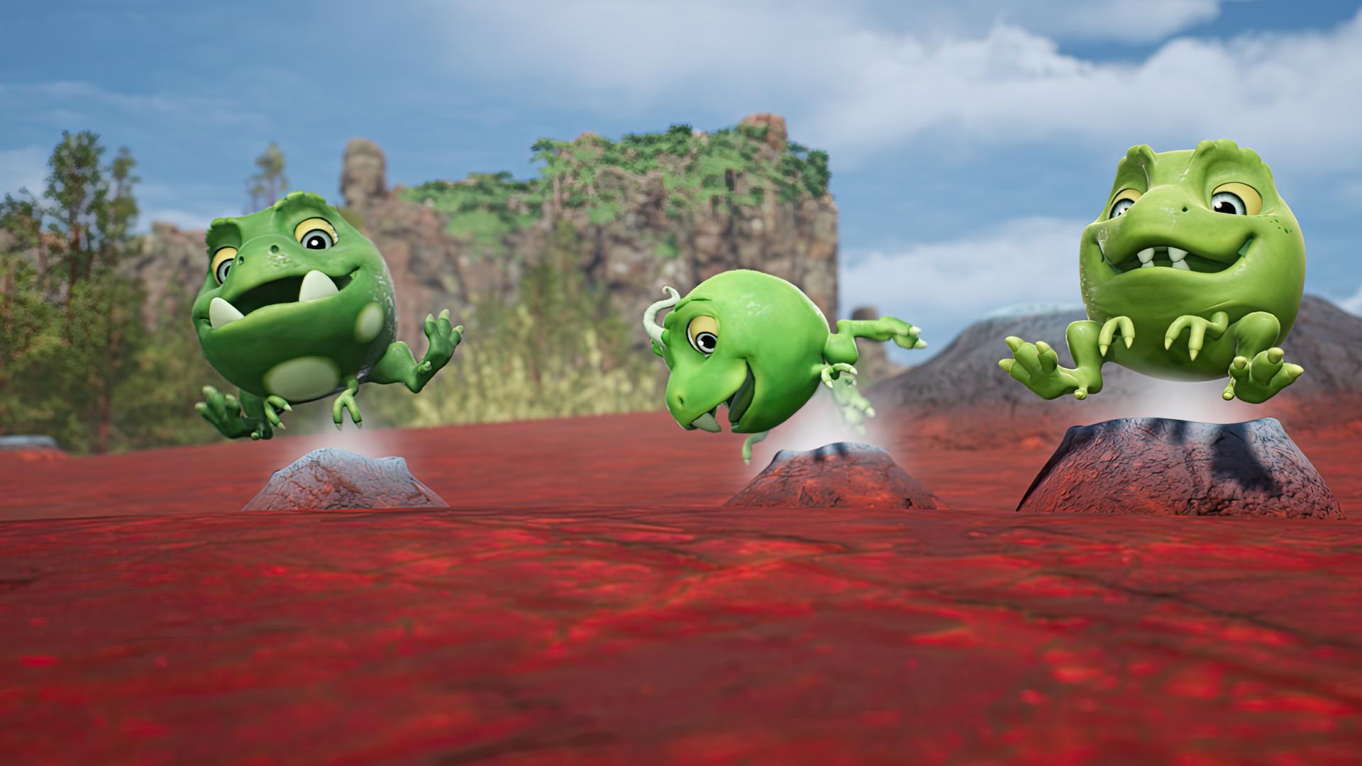 Die drei Erbs-Rexe sitzen jeweils auf kleinen Mini-Vulkanen, aus denen heiße Luft strömt. Sichtlich genießen sie ihr Warmluftbad.