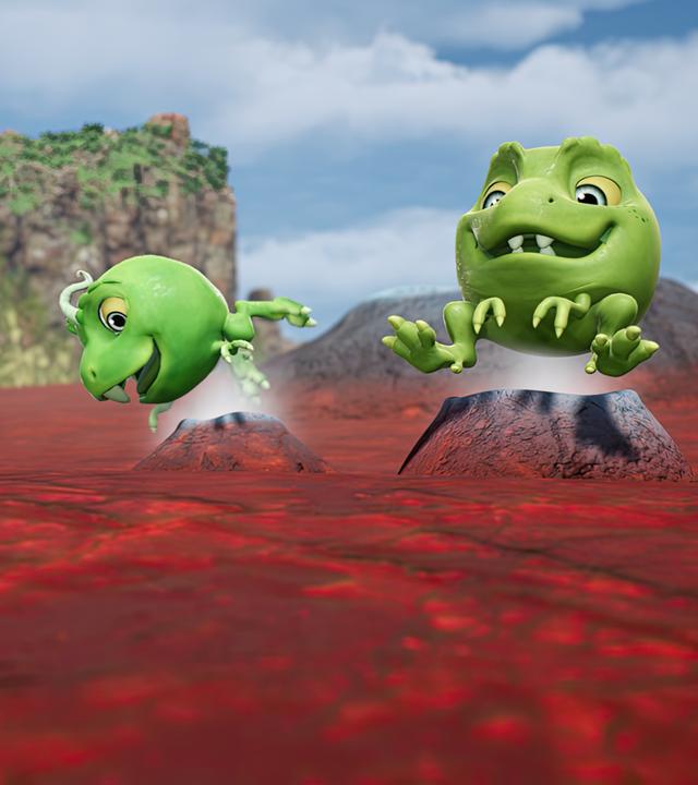 Die drei Erbs-Rexe sitzen jeweils auf kleinen Mini-Vulkanen, aus denen heiße Luft strömt. Sichtlich genießen sie ihr Warmluftbad.