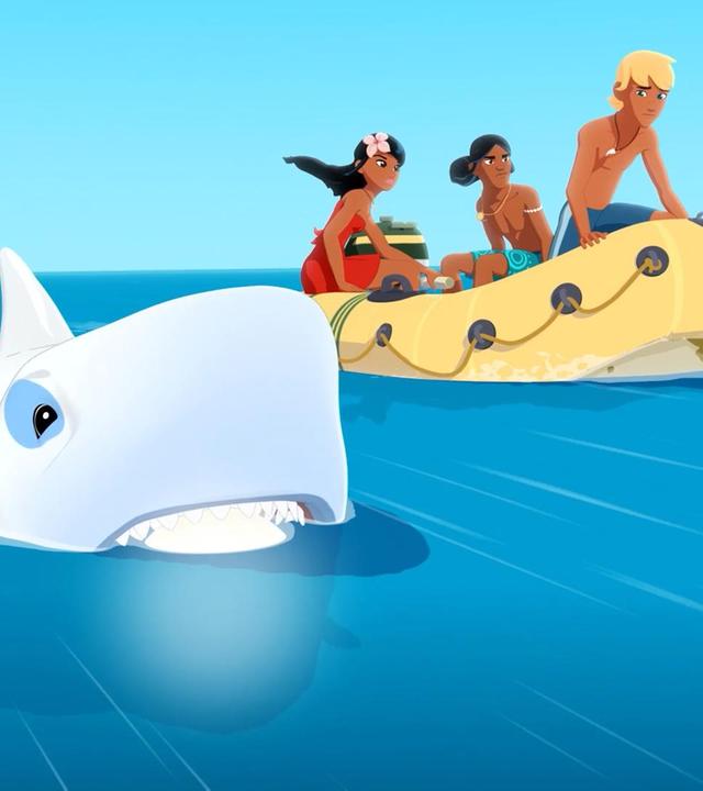 Hai Omaroua schwimmt mit einer weißen Kugel im Maul neben einem Schlauchboot. Im Schlauchboot sitzen Timeti, Auru und Yann. Sie sind schnell unterwegs auf dem Meer und schauen alle entschlossen.