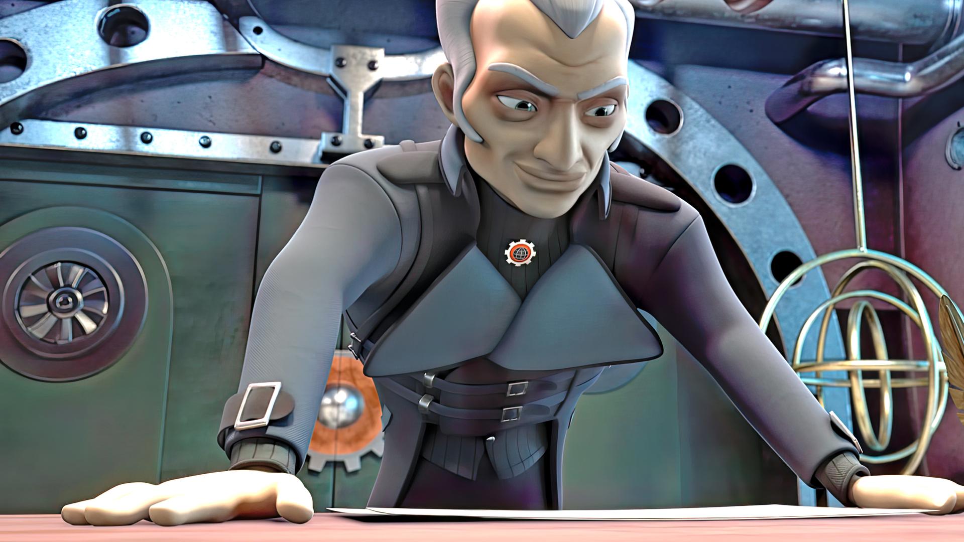 Graylock betrachtet mit selbstgefälligem Blick, mit beiden Händen auf seinen Schreibtisch aufgestützt, die Baupläne, die vor ihm liegen.