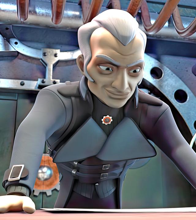 Graylock betrachtet mit selbstgefälligem Blick, mit beiden Händen auf seinen Schreibtisch aufgestützt, die Baupläne, die vor ihm liegen.