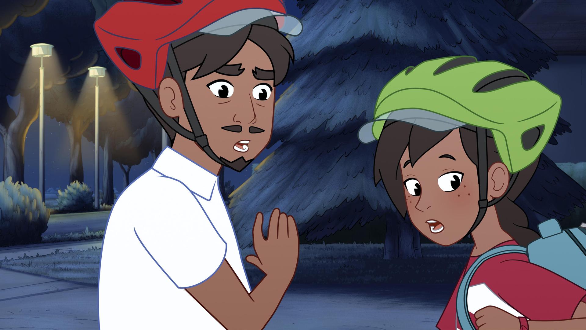 Josefine, ein Mädchen mit braunen, langen Haaren, dreht ihren Kopf mit erschrockenem Blick nach hinten. Ihr Mund ist geöffnet. Sie trägt einen blauen Rucksack und einen grünen Fahrradhelm. Neben ihr steht ihr Vater, der sich ebenfalls umdreht und erschrocken schaut. Auch sein Mund ist geöffnet. Er trägt einen roten Helm. Es ist dunkel um sie herum. Im Hintergrund sind Bäume und es leuchten Straßenlaternen.