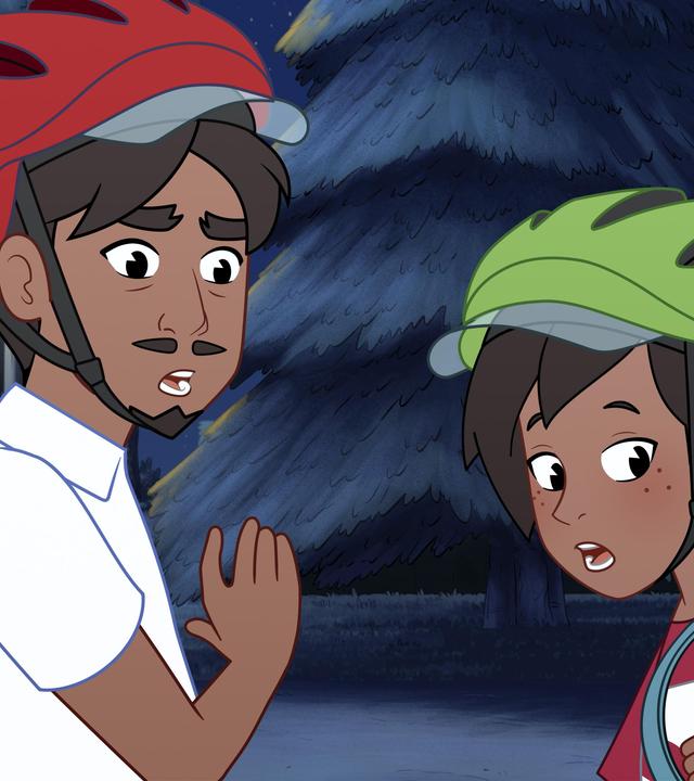 Josefine, ein Mädchen mit braunen, langen Haaren, dreht ihren Kopf mit erschrockenem Blick nach hinten. Ihr Mund ist geöffnet. Sie trägt einen blauen Rucksack und einen grünen Fahrradhelm. Neben ihr steht ihr Vater, der sich ebenfalls umdreht und erschrocken schaut. Auch sein Mund ist geöffnet. Er trägt einen roten Helm. Es ist dunkel um sie herum. Im Hintergrund sind Bäume und es leuchten Straßenlaternen.