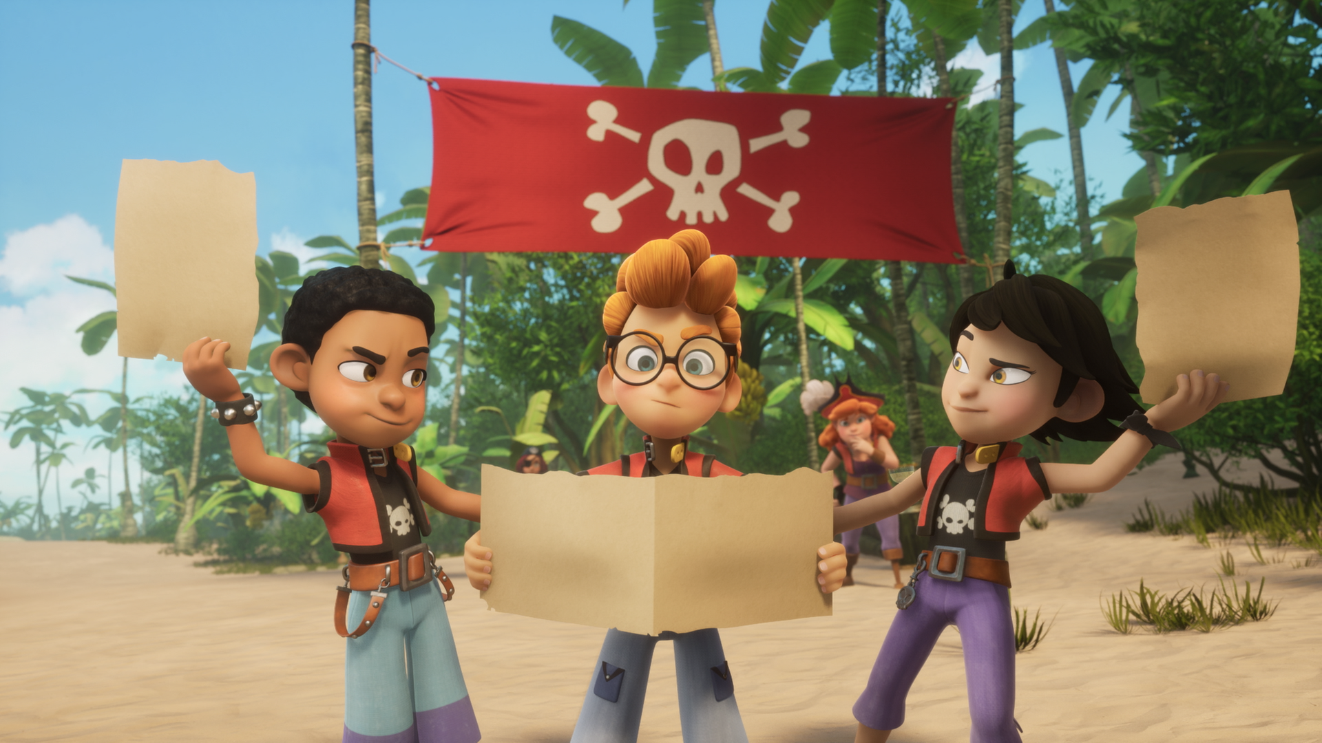 Am Strand steht Alexander zwischen Finn und Zoe. Alle drei halten jeweils ein Stück einer großen Schatzkarte in den Händen.