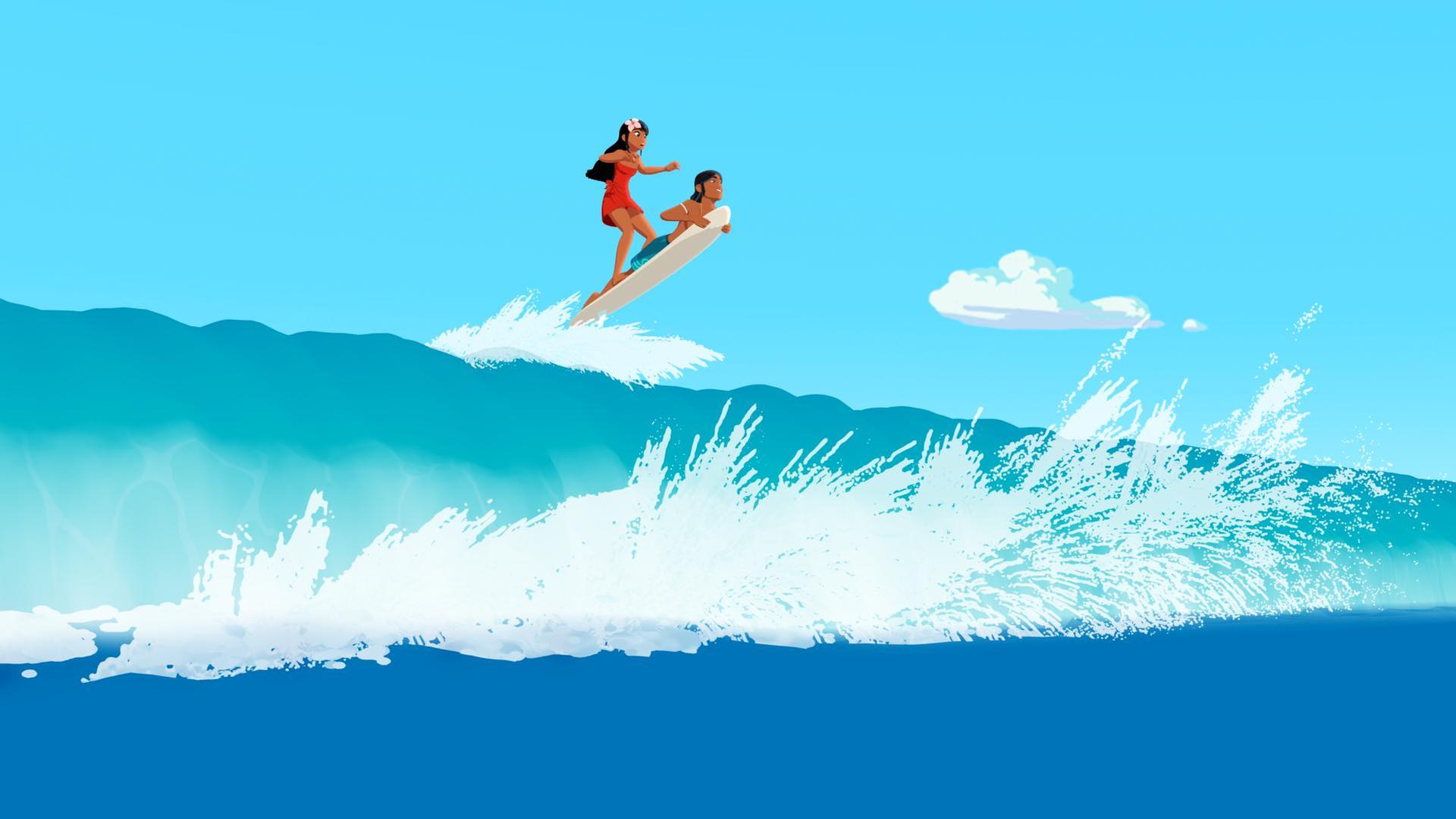 Timeti und Auru surfen auf der Spitze einer riesen großen Welle.