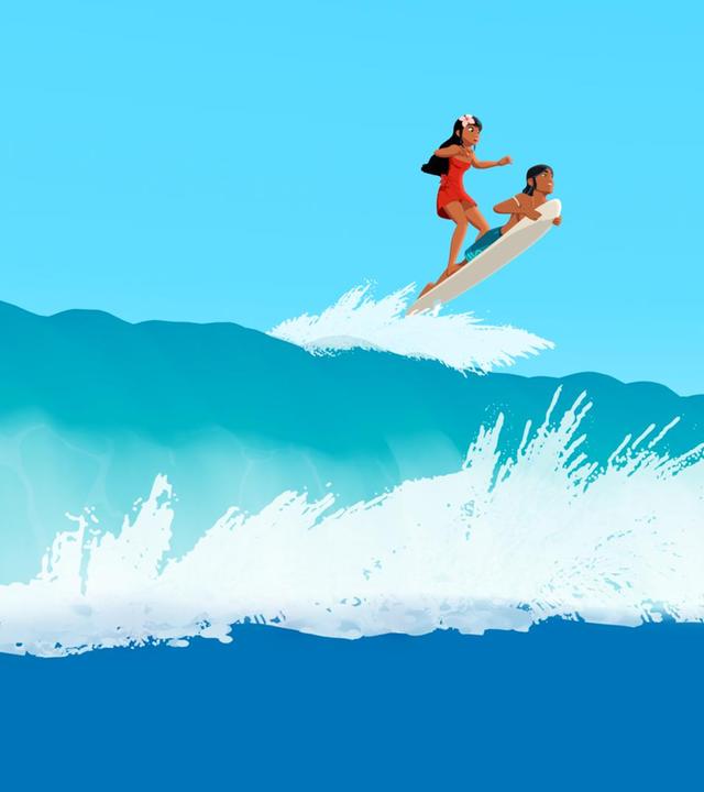 Timeti und Auru surfen auf der Spitze einer riesen großen Welle.