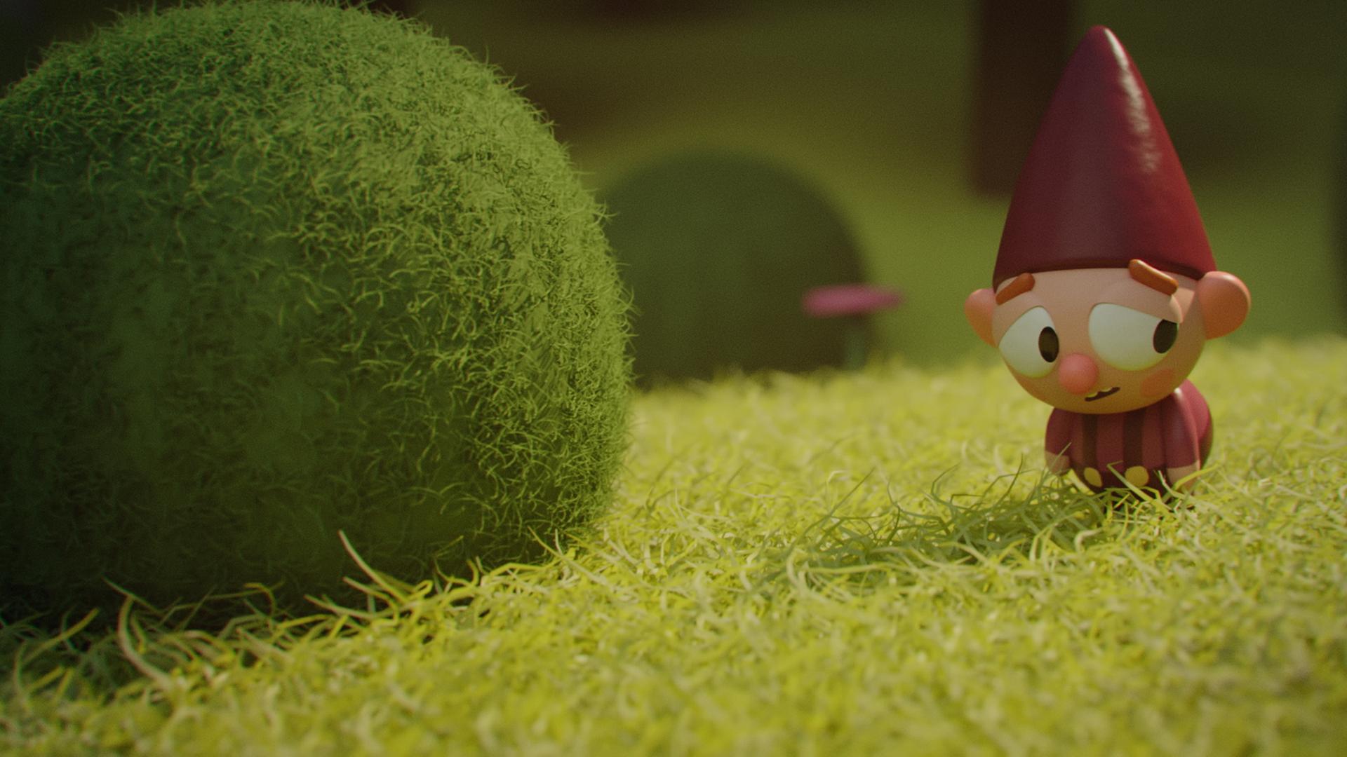 Bob, der Wichtel, sitzt allein auf einer Wiese. Er trägt eine rote Zipfelmütze auf dem Kopf. Der Oberkörper ist nach vorn eingesunken, die Schultern hängen. Die Augenbrauen sind angehoben, sein Blick ist traurig nach hinten gerichtet. Um den Wichtel herum stehen dichte grüne Büsche.