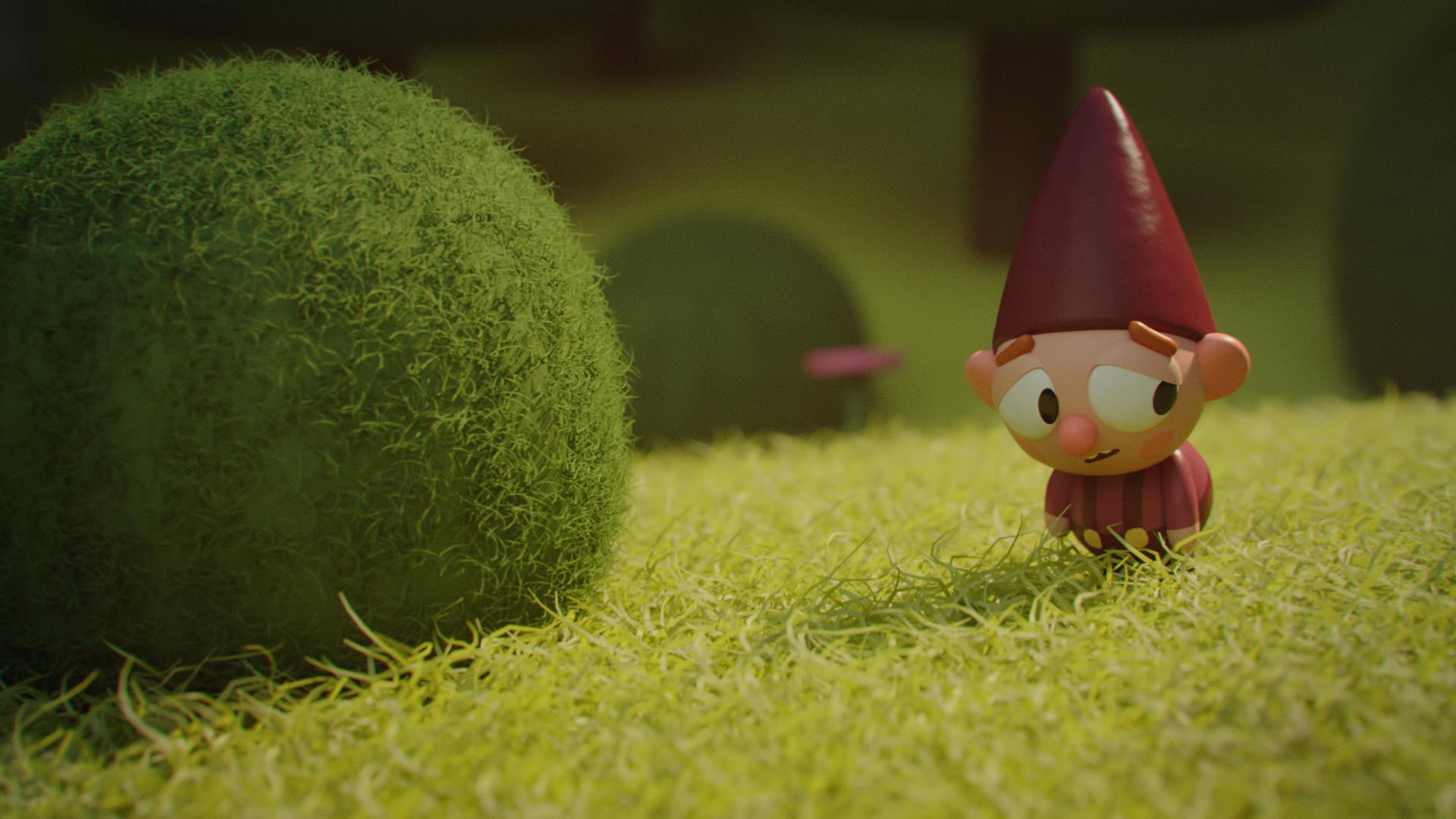 Bob, der Wichtel, sitzt allein auf einer Wiese. Er trägt eine rote Zipfelmütze auf dem Kopf. Der Oberkörper ist nach vorn eingesunken, die Schultern hängen. Die Augenbrauen sind angehoben, sein Blick ist traurig nach hinten gerichtet. Um den Wichtel herum stehen dichte grüne Büsche.