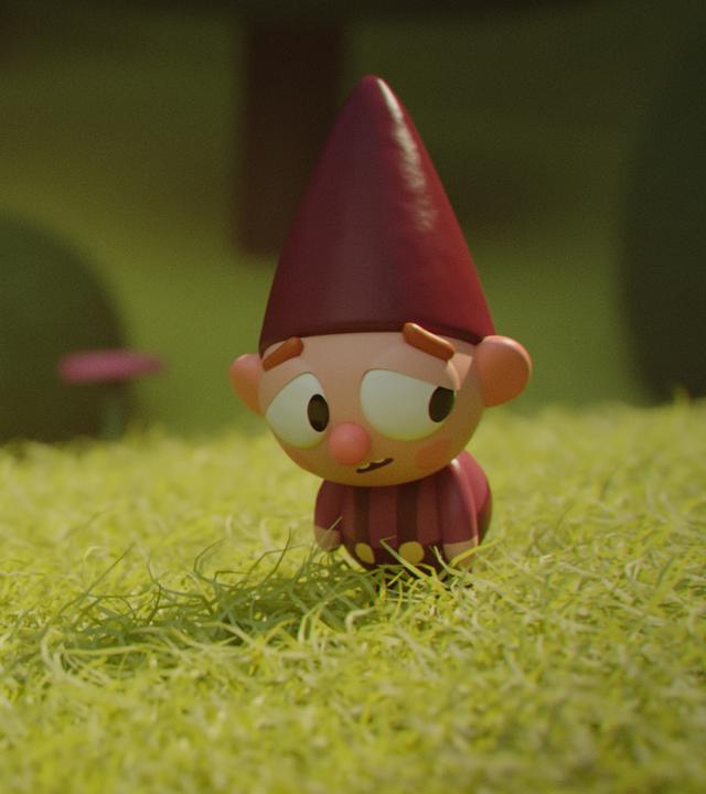 Bob, der Wichtel, sitzt allein auf einer Wiese. Er trägt eine rote Zipfelmütze auf dem Kopf. Der Oberkörper ist nach vorn eingesunken, die Schultern hängen. Die Augenbrauen sind angehoben, sein Blick ist traurig nach hinten gerichtet. Um den Wichtel herum stehen dichte grüne Büsche.