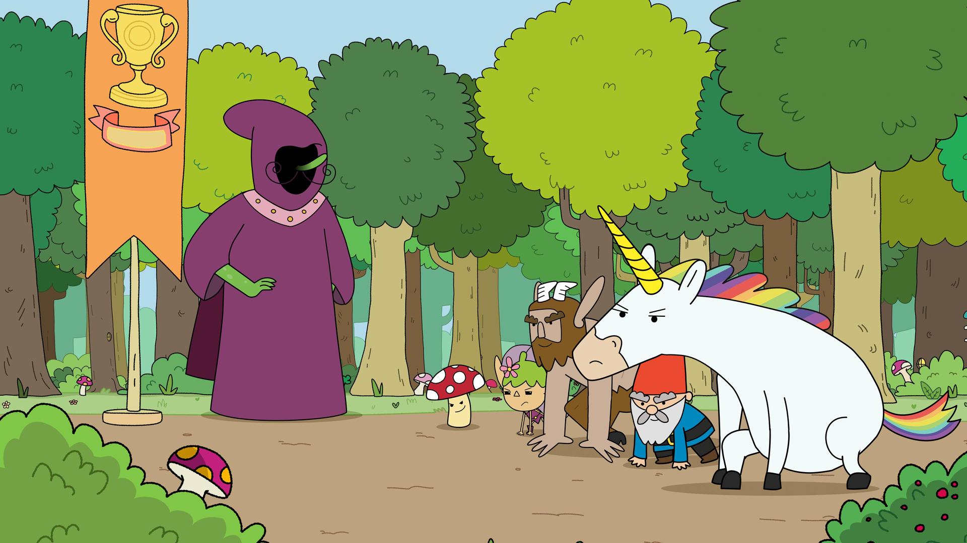 Am Rand des Waldes: Die fünf Helden Tupfen, Twinkle, Hufius, Herbert und Blümchen befinden sich in Startposition zu einem Sprint. Angespannt warten sie auf das Zeichen zum Start. Vor ihnen, neben einer Fahne bedruckt mit einem goldenen Siegerpokal, steht der Koboldkönig. Allerdings ist er nicht zu erkennen. Sein lilafarbener Umhang mit Kapuze verhüllt ihn vollkommen. Ein grüner Arm und die lange, grüne Nase schauen heraus.