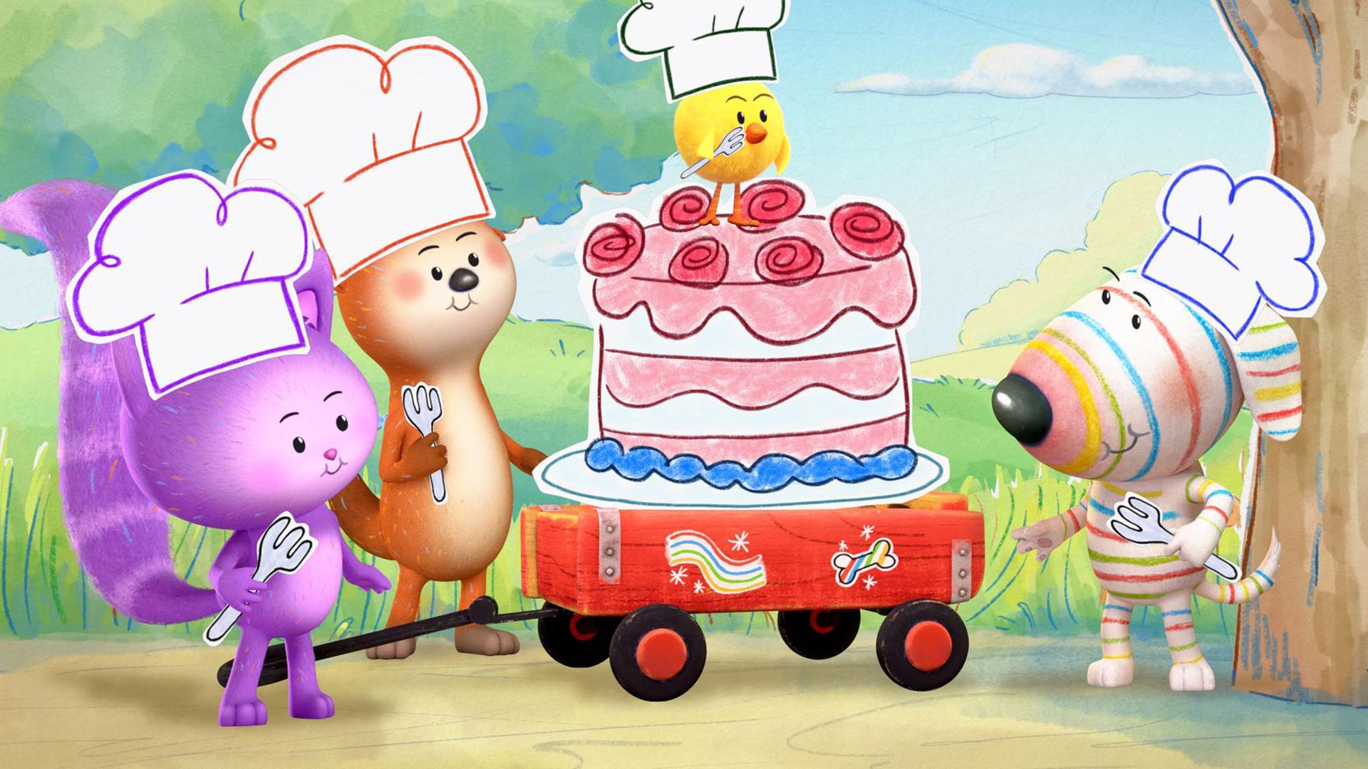 Auf einem roten Anhänger steht ein riesengroßer, mehrstöckiger Kuchen. Hund Dylan trägt einen weißen Bäckerhut und hält in einer Pfote eine Gabel. Neben ihm stehen seine Freunde, Katze Daisy und Otter Ozzy, beide ebenfalls mit Bäckerhut und jeweils einer Gabel in der Pfote. Auf der Spitze des Kuchens steht das kleine Küken Bitsy, das ebenfalls einen Bäckerhut trägt und eine Gabel in einem Flügel hält. Alle wirken fröhlich und bereit, den Kuchen gemeinsam zu genießen.