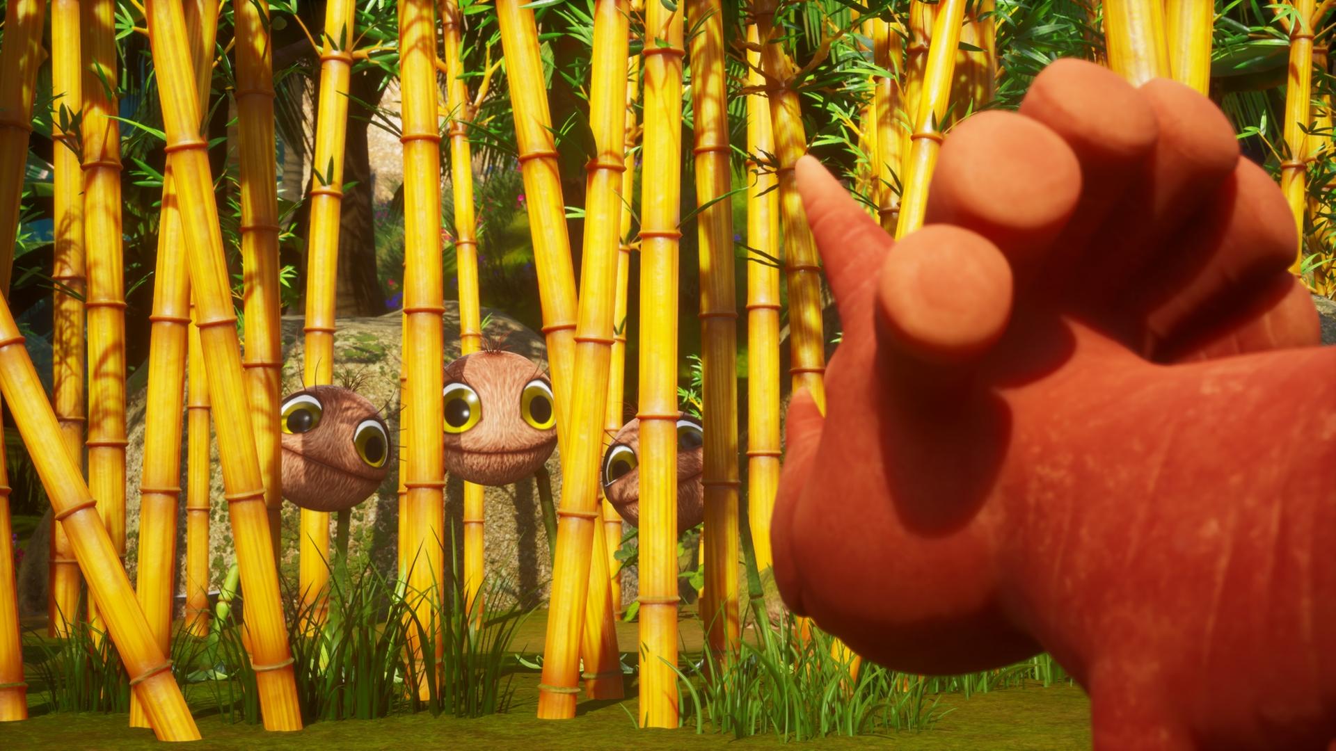 Im Bild stehen auf wackeligen, langen Beinen drei Baby-Kokosnussodons in einem Laufstall. Ginger, das Trikarottops-Mädchen streckt den Kopf von der rechten Seite ins Bild und betrachtet die Babys in ihrem Laufstall. (Baby-Kokosnussodons sind Wesen auf zwei grünen Bambus-Beinen, die als Kopf eine Kokosnuss mit großen Augen und Mund haben.)