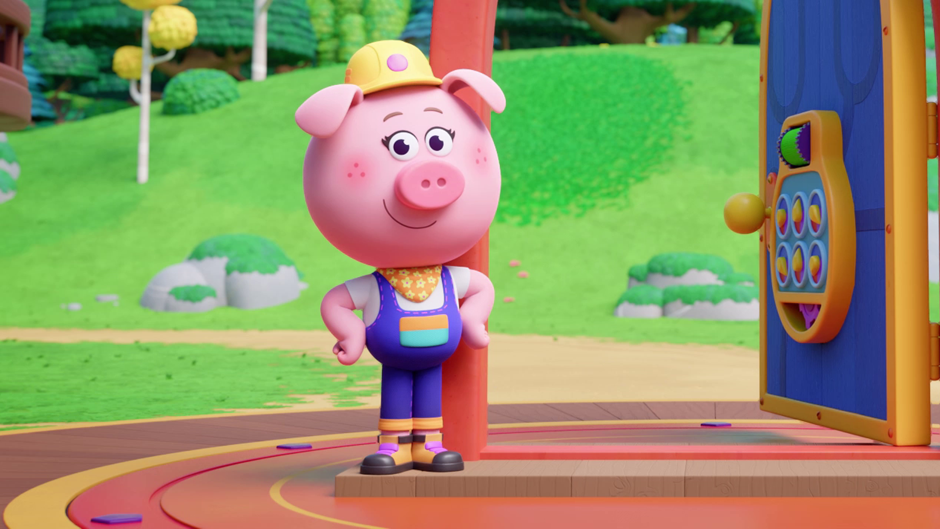 Mitten im Bild steht eine offene, bunte Tür mit einem rundlichen, roten Türrahmen. Neben der Tür steht das stolze Schweinchen Cornelia, so als wolle sie ihre Tür präsentieren. Cornelia trägt eine blaue Latzhose und einen Bauarbeiterhelm.