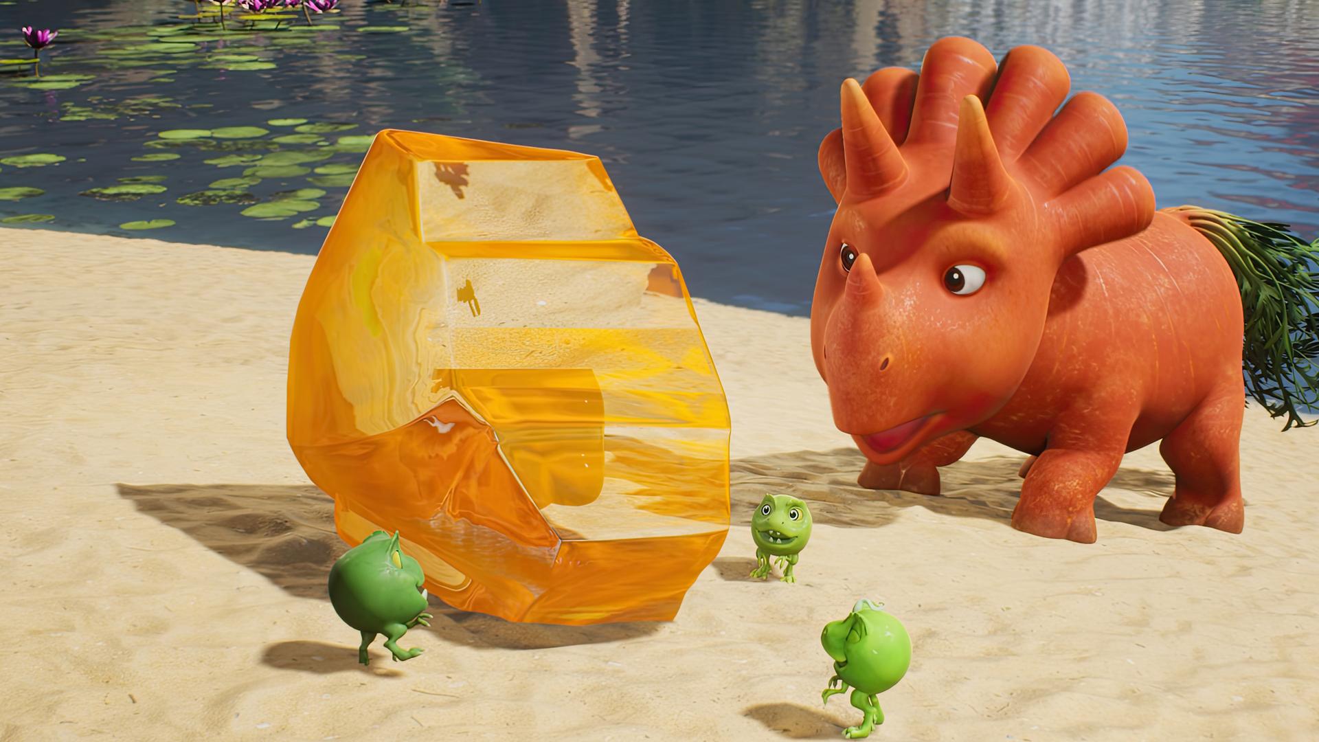 Ginger steht vor einem goldenfarbenem Stein und schaut ihn sich genau an. Auch die drei kleinen Erbs-Rexe interessieren sich für den funkelnden Bernstein.