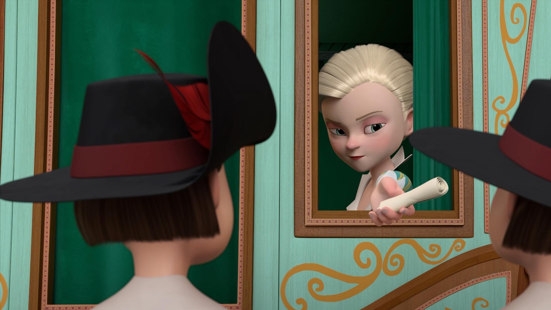 Milady sitzt mit verräterischem Blick in einer Kutsche und hält mit ihrer linken Hand ein eingerolltes Papier nach draußen zu zwei Wachen, die direkt an der Kutsche stehen.