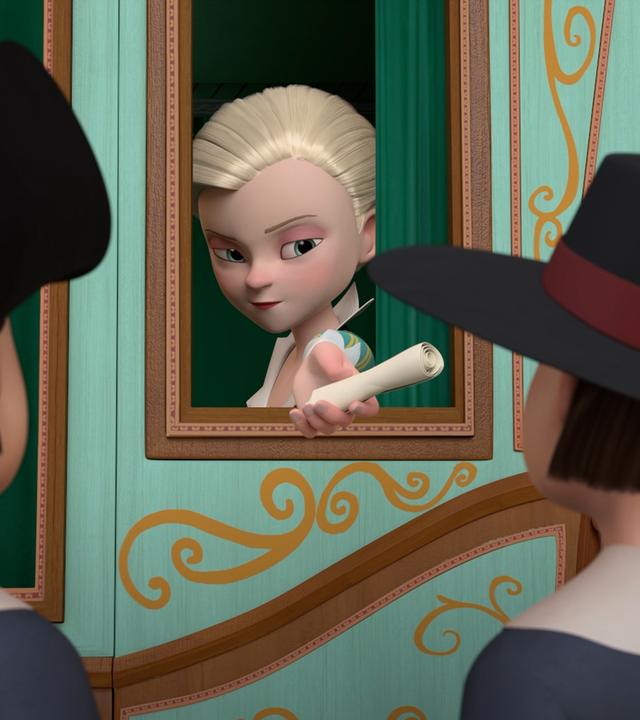 Milady sitzt mit verräterischem Blick in einer Kutsche und hält mit ihrer linken Hand ein eingerolltes Papier nach draußen zu zwei Wachen, die direkt an der Kutsche stehen.