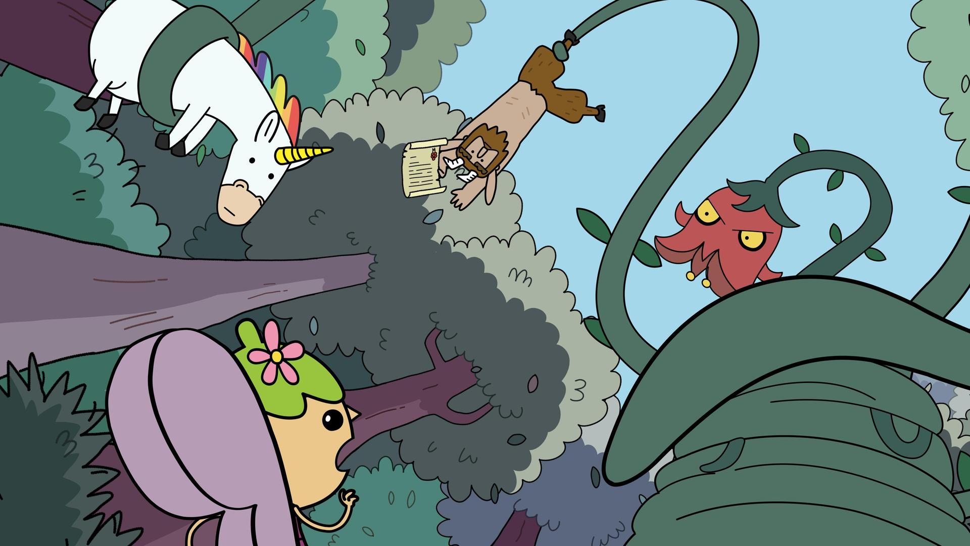 Aus einer Perspektive von unten: Die riesengroße Rankenpflanze hält Hufius und Blümchen fest eingewickelt in der Luft. Sie blickt mit grimmigen Blick hinunter zu Twinkle, die sich vor ihren unzähligen Greifschling-Armen zu retten versucht.