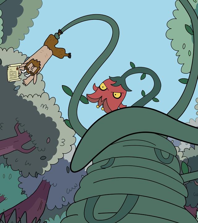 Aus einer Perspektive von unten: Die riesengroße Rankenpflanze hält Hufius und Blümchen fest eingewickelt in der Luft. Sie blickt mit grimmigen Blick hinunter zu Twinkle, die sich vor ihren unzähligen Greifschling-Armen zu retten versucht.