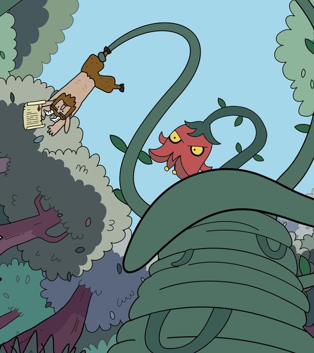 Aus einer Perspektive von unten: Die riesengroße Rankenpflanze hält Hufius und Blümchen fest eingewickelt in der Luft. Sie blickt mit grimmigen Blick hinunter zu Twinkle, die sich vor ihren unzähligen Greifschling-Armen zu retten versucht.